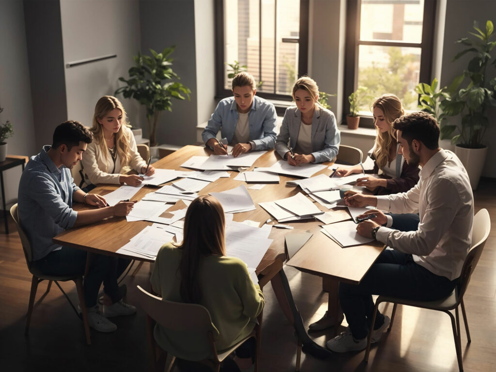 employees reviewing financial report